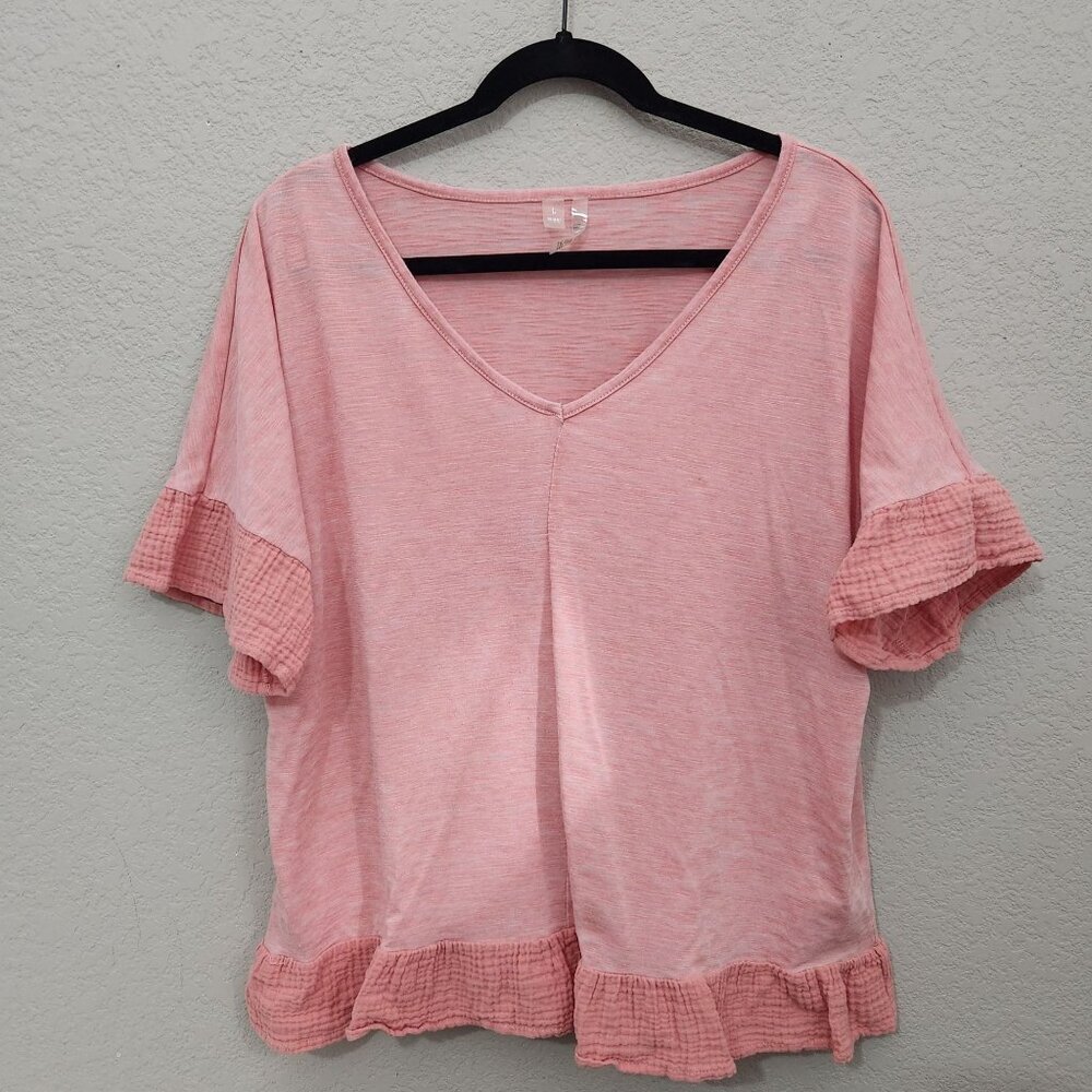 Silverwear V-Neck Top Womens Large Pink Ruffle Boho Cottagecore
